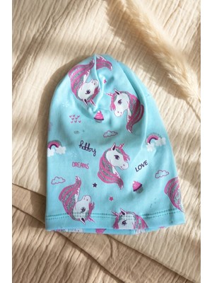 Babydonat Kız Çocuk Mavi Unicorn Desenli Pamuklu Esnek Penye Bere - Gümüş Sim Detaylı Mevsimlik Çocuk Şapkası