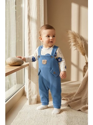 Babydonat Teddy Sage Erkek Bebek Gofre Salopet ve Ayıcıklı Body 2'li Takım Çorap Hediyeli - Pamuklu Mavi Bahçıvan Tulum Seti