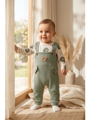 Babydonat Teddy Sage Erkek Bebek Gofre Salopet ve Ayıcıklı Body 2'li Takım Çorap Hediyeli  - Pamuklu Yeşil Bahçıvan Tulum Seti