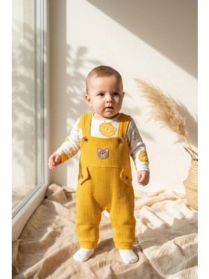 Babydonat Teddy Sage Erkek Bebek Gofre Salopet ve Ayıcıklı Body 2'li Takım Çorap Hediyeli - Pamuklu Sarı Bahçıvan Tulum Seti