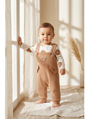 Babydonat Teddy Sage Erkek Bebek Gofre Salopet ve Ayıcıklı Body 2'li Takım Çorap Hediyeli - Pamuklu Kahverengi Bahçıvan Tulum Seti