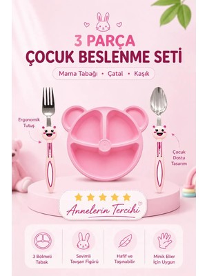 Mor Bebe Baby 3 Parça Tavşan Figürlü Mama Tabağı Seti Çocuk Çatal Kaşık Açık Pembe 0 - 3 Yaş BPA İçermez