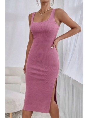 Moda Loris Kadın Askılı Kare Yaka Yandan Yırtmaçlı Midi Kaşkorse Elbise