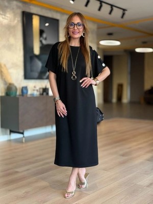Civetta Kadın Kısa Kollu Bisiklet Yaka Omuzdan Düğmeli Uzun Viskon Iki Iplik Elbise