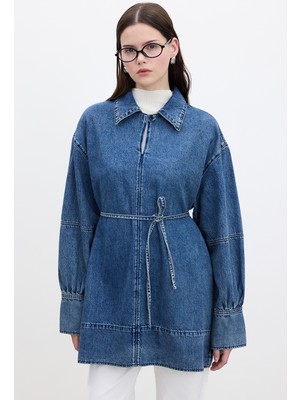 Geniş Manşetli Denim Gömlek Mavi