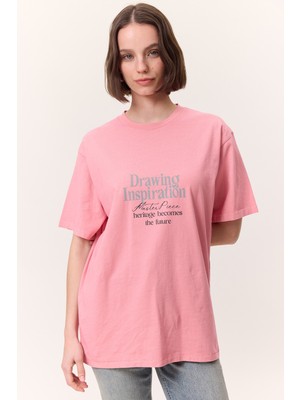 Yıkama Efektli Kısa Kollu Tshırt Pembe