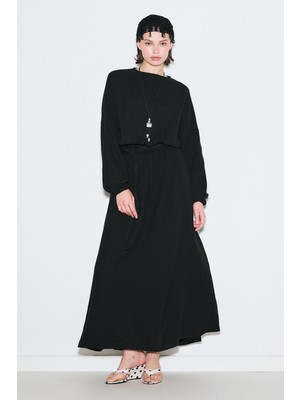 Müslin Beli Büzgülü Elbise Siyah