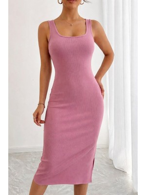 Gökyüzü Moda Kadın Askılı Kare Yaka Yandan Yırtmaçlı Midi Kaşkorse Elbise