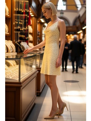 Benerly Kadın Kolsuz Degaje Yaka A-Line Mini Saten Elbise Puantiyeli Desen Rahat Kesim Günlük Modern Şık