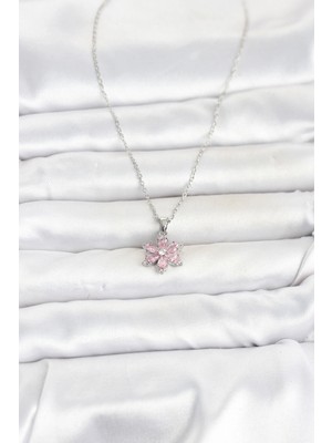 Uravas Store Mey Ithalat® 316L Çelik Zincir Gümüş Renk Pembe Zirkon Taşlı Lotus Model Kadın Kolye