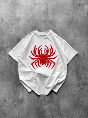 Modi Örümcek Baskılı Tişört Kısa Kollu Bisiklet Yaka T-Shirt - Beyaz