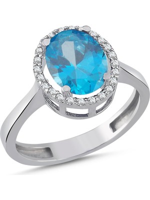 La Mia Felicita 925 Ayar Gümüş Aqua Marin Renk Oval Taşlı Pırlanta Montür Rodyum Kaplama Kadın Yüzük – Modern Yüzük