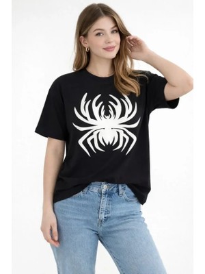 Modi Örümcek Baskılı Tişört Kısa Kollu Bisiklet Yaka T-Shirt - Siyah