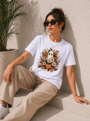 Modi Balkabağı Hayalet Baskılı Tişört Kısa Kol Yazlık T-Shirt - Beyaz