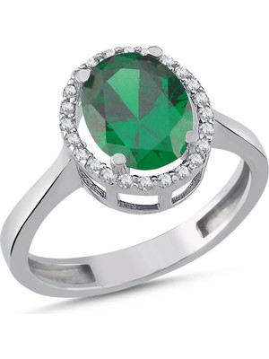 La Mia Felicita 925 Ayar Gümüş Zümrüt Renk Oval Taşlı Pırlanta Montür Rodyum Kaplama Kadın Yüzük – Zümrüt Vintage Yüzük