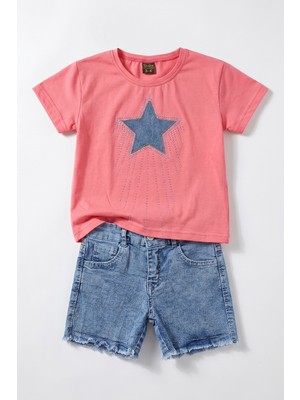 Joy Kids Kız Çocuk Yıldız Detaylı Taşlı Kotlu Delüx Takım (3-10YAŞ) (Pembe)