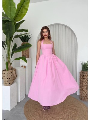 Nils Butik Luna Boyundan Bağlamalı Poplin Midi Elbise