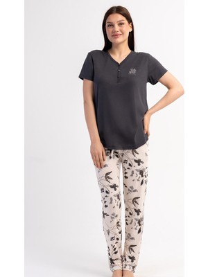 Kezokino Kadın Yarım Düğmeli Kısa Kollu Antrasit Pijama Takımı Rahat Kesim Yazlık Ev Giyimi C6T2N2215