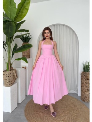 Nils Butik Luna Boyundan Bağlamalı Poplin Midi Elbise