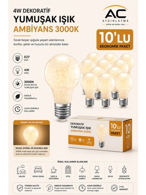 AC Aydınlatma 10'lu Paket 4W Dekoratif LED Ampul E27 Duy 3000K Sarı Işık Yumuşak Ambiyans Aydınlatma