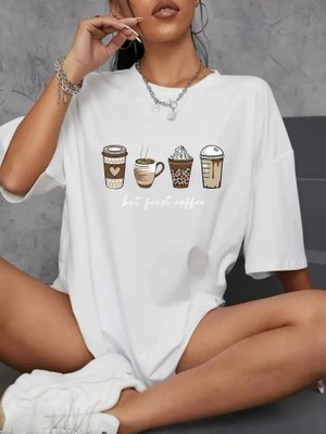 Modi Baskılı Oversize Bisiklet Yaka T-Shirt - Beyaz