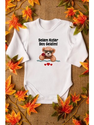 Eydu Baby Organik %100 Pamuk Teddy Bear Selam Kızlar Ben Geldim Bebek Body Uzun Kollu Çıtçıtlı Badi Zıbın