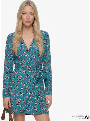 The Kooples Kadın V Yaka Uzun Kollu Çiçek Desenli Pembe Elbise
