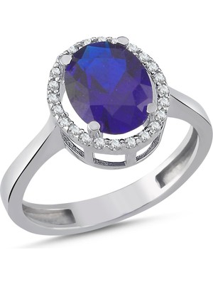 La Mia Felicita 925 Ayar Gümüş Safir  Renk Oval Taşlı Pırlanta Montür Rodyum Kaplama Kadın Yüzük – Safir Vintage Yüzük
