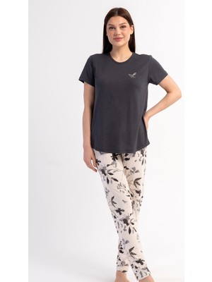 Kezokino Kadın Kısa Kollu Antrasit Pijama Takımı Rahat Kesim Yazlık Ev Giyimi C5T2N2215