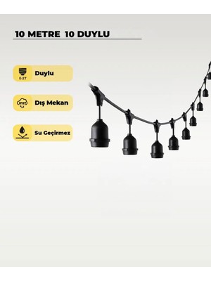 AC Aydınlatma 10 Metre 10 Duy E27 Dış Mekan LED Zincir Aydınlatma – Bahçe, Kafe ve Organizasyon Işık Seti (Ampulsüz)