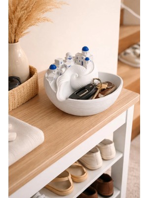 3Dikili Design Santorini Temalı Dekoratif Anahtarlık Tabak– Deniz Kabuğu Tasarım Anahtarlık Organizer 11X16 cm