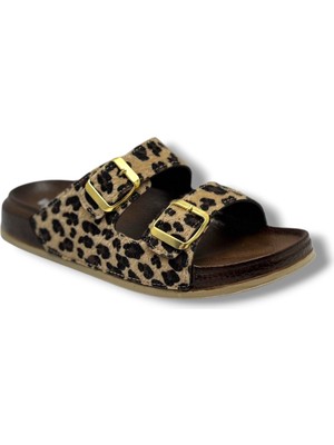 Witta 55204-26 Leopar Desenli Çift Bant Tokalı Anatomik Kadın Terlik 36-40