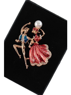Keeba Aşkın Dansı Temalı Gold Renkli Kristal Taşlı Broş Romantik Dans Eden Çift Kadın Yaka Iğnesi.