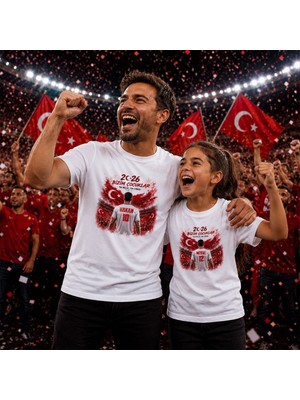 Bk Gift Kişiye Özel Türkiye Taraftar Temalı 2026 Dünya Kupası Tasarımlı Baba&kız Tişört Seti-2, Tek Yürek Milli Takım Ruhu