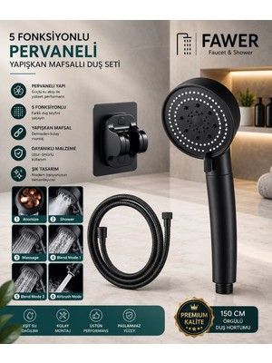 FAWER 5 Fonksiyonlu Siyah Yapışkan Mafsallı Duş Seti Duş Başlığı