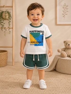 KR Kids Erkek Bebek Happiness Baskılı Şortlu Takım Beyaz Tişört Yeşil Şort Yazlık Ikili Takım