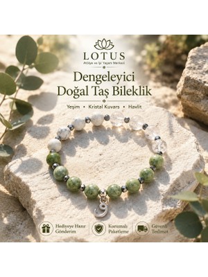Lotus 🍃 Dengeleyici Doğal Taş Bileklik – Yeşim, Kristal Kuvars & Havlit (Demevi)