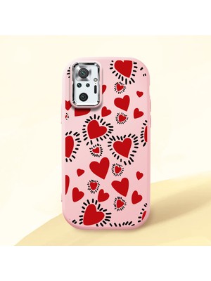 HONTINGA Xiaomi Redmi Note 10 Pro ile Uyumlu Kılıf Kamera Korumalı Düşüme Önleyici Kamera Koruyucu Pembe Yumuşak Silikon Couple Telefon Kılıfı Kalp Desenli K4-0377
