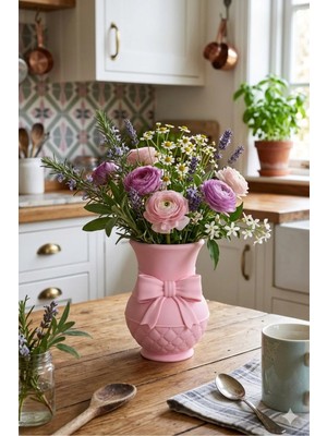 3Dikili Design Modern 3D Baskı Fiyonklu Dekoratif Vazo - 18 cm Estetik Çiçek Vazosu - Pastel Pembe Tasarım Obje