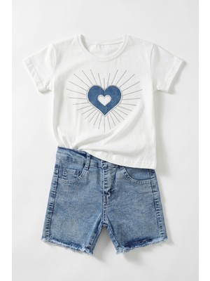Joy Kids Kız Çocuk Kalp Desenli Taşlı Kotlu Premium Takım (3-10YAŞ) (Beyaz)