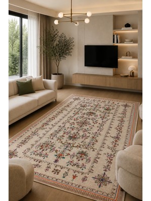 Pelura Halı Floral Elegance Desen Baskılı Kaymaz Yıkanabilir Salon Oturma Odası Mutfak Balkon Halısı Yolluk