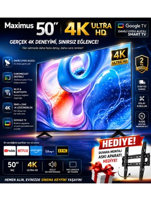 Maximus 50 Inç 127 Ekran 4K Ultra Hd Google Tv Dahili Uydu Alıcılı Smart LED Tv + Duvar Askı Aparatı Hediyeli