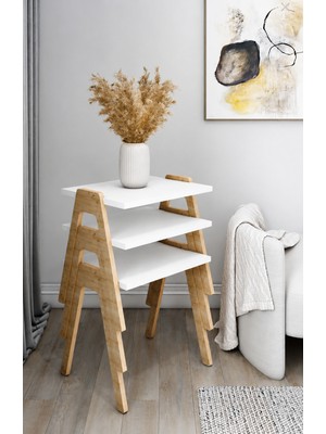 3’lü Zigon Sehpa Takımı – Beyaz - Safir Meşe -Modern ve Fonksiyonel / Orta Sehpa / Dekoratif