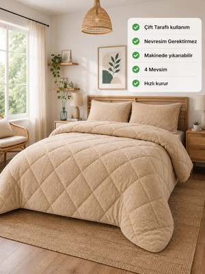 Ely Parker Battal Boy Yorgan, Renkli, Wellsoft, Peluş Yumuşak, Çift Taraflı, 215X235 (220X240) Bej