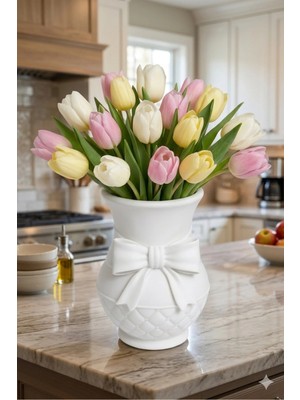 3Dikili Design Modern 3D Baskı Fiyonklu Dekoratif Vazo - 18 cm Estetik Çiçek Vazosu - Pastel Beyaz Tasarım Obje