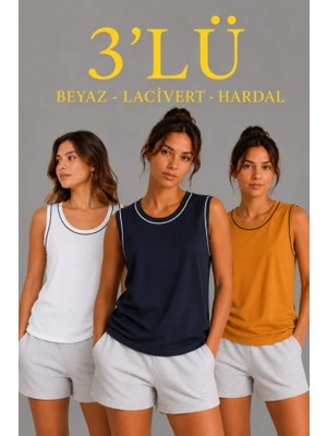 Efnaz Style 3’lü Kolsuz Sporcu Atlet Seti Yazlık Bisiklet Yakalı - Beyaz, Lacivert, Hardal