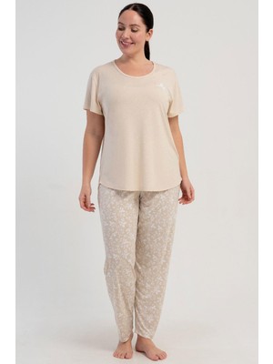 Kezokino Kadın Büyük Beden Kısa Kollu Bej Pijama Takımı Yazlık Ev Giyimi C0T5N2215