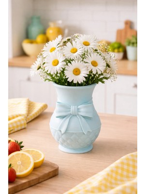 3Dikili Design Modern 3D Baskı Fiyonklu Dekoratif Vazo - 18 cm Estetik Çiçek Vazosu - Pastel Mavi Tasarım Obje