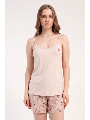 Kezokino Kadın Ince Askılı Şortlu Pembe Pijama Takımı Rahat Kesim Yazlık Ev Giyimi C7T4N2215