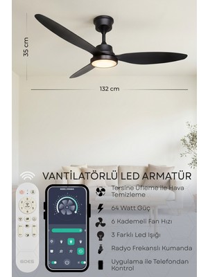 Enshall 132CM Modern Goes Uzaktan Kumandalı 3 Kanatlı Uygulamalı Tavan Vantilatörü ve LED Lamba Işık 64W